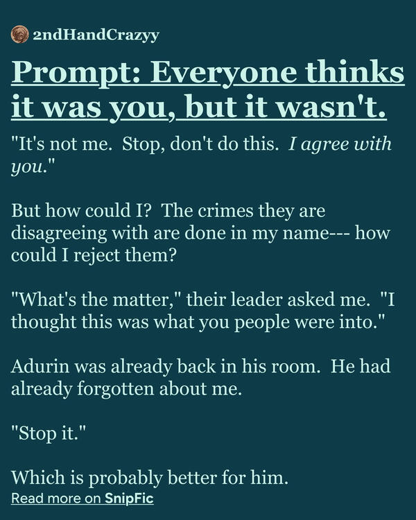 "It's not me. Stop, don't do this. *I agree with you.*" But how could I? The crimes they are disagreeing with are done in my name--- how could I reject them? "What's the matter," their leader asked me. "I thought this was what you people were into."