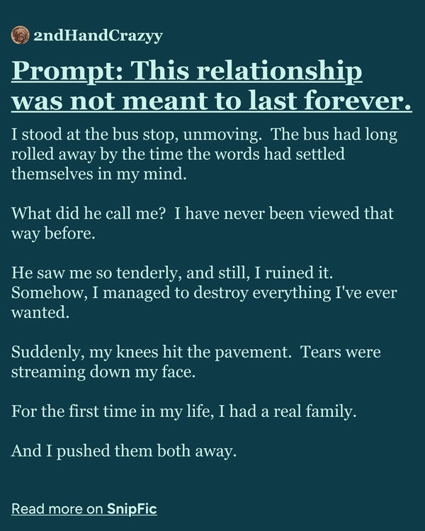 I stood at the bus stop, unmoving. The bus had long rolled away by the time the words had settled themselves in my mind. What did he call me? I have never been viewed that way before. He saw me so tenderly, and still, I ruined it. Somehow, I managed t